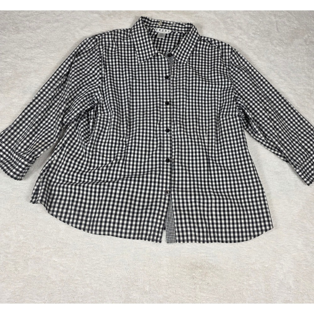 Erena Woman Button Down Shirt Womens 2X Black Gingham Good Long Sleeve Stretch